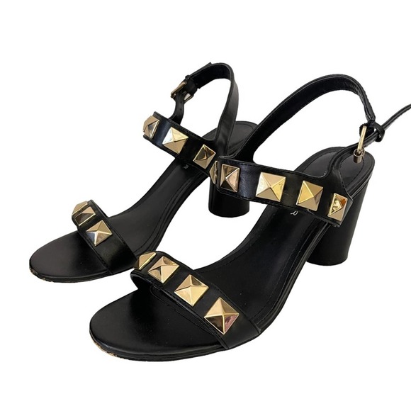 Marc Fisher Shoes - Marc Fisher Panna Gold Studded Black Faux Leather Block Heel Sandal Shoes Size 7